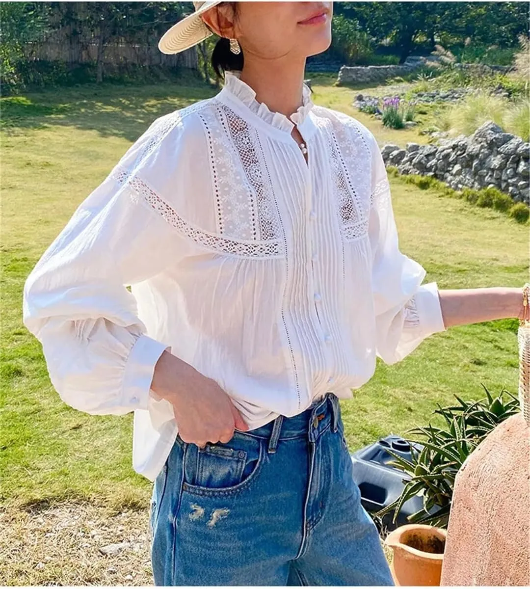 Women Bohemian Embroidery Lace Blouses Vintage Cotton White Long Sleeve Loose Shirt