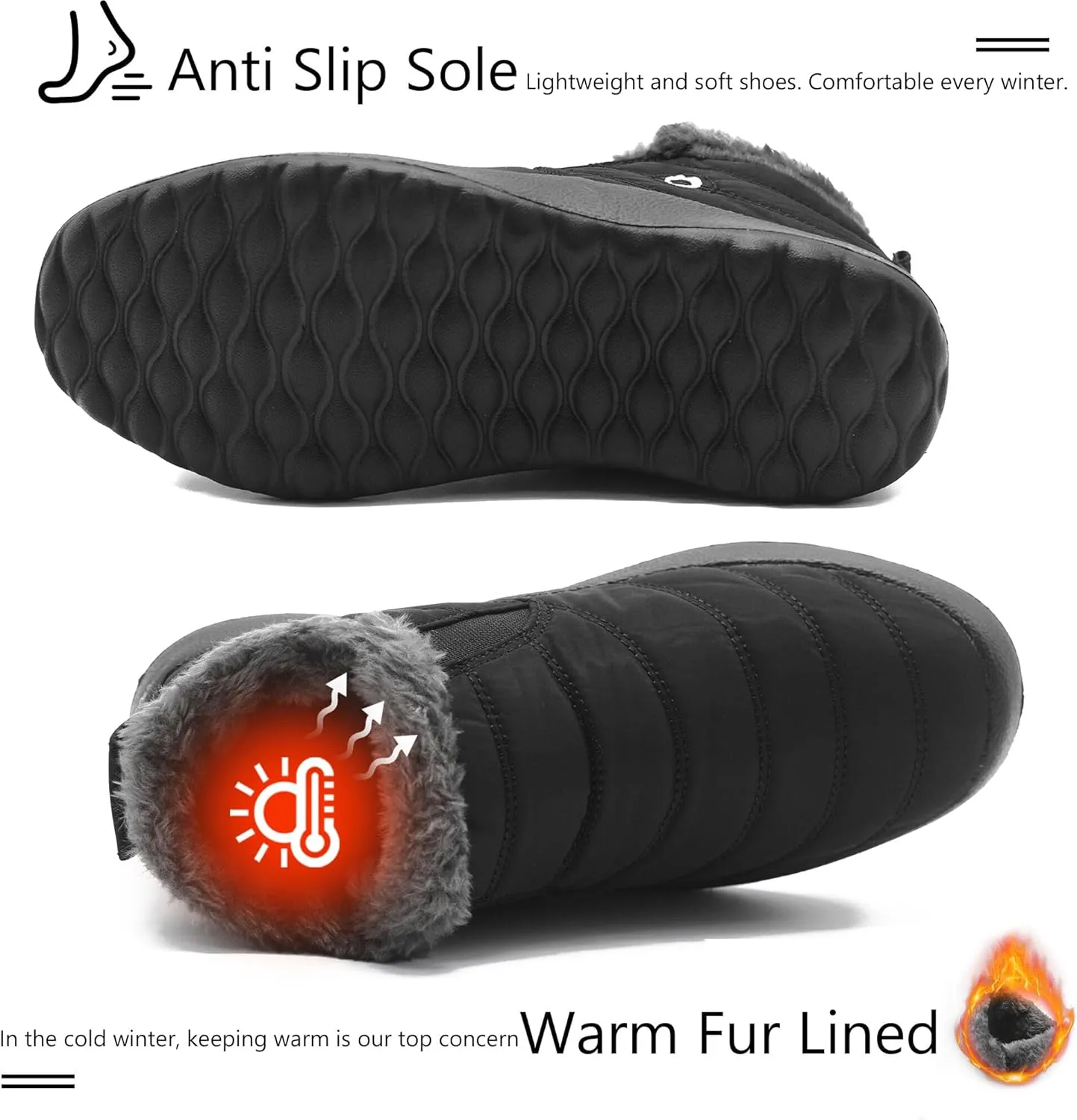 Women Boots Warm Lightweight Waterproof Soft Slip-On Casual Black Ankle Winter Snow Shoes
