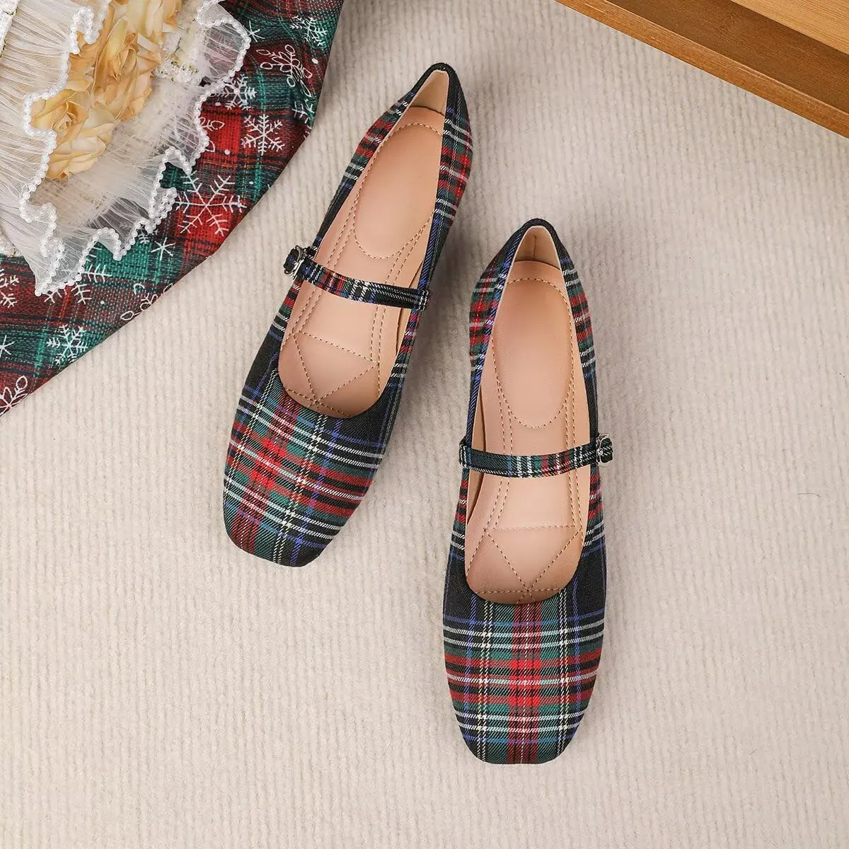 Women Mary Jane Flat Shoes Soft Patent Leather Square Toe Adjustable Buckle Strap Casual Ballet Dance Shoes