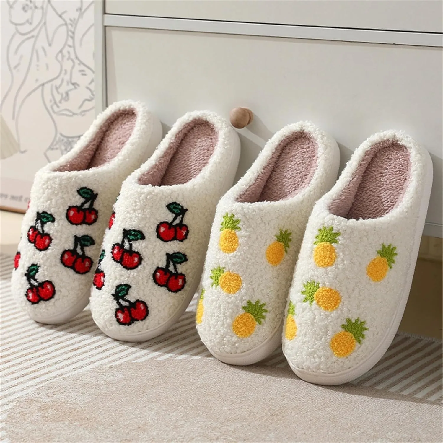 Women Slippers Cute House Slippers Strawberry Slippers Comfy Soft Bedroom Shoes Warm Fuzzy Slip-On Slippers Indoor Non-slip Plush Bedroom Slippers, E-24TX001