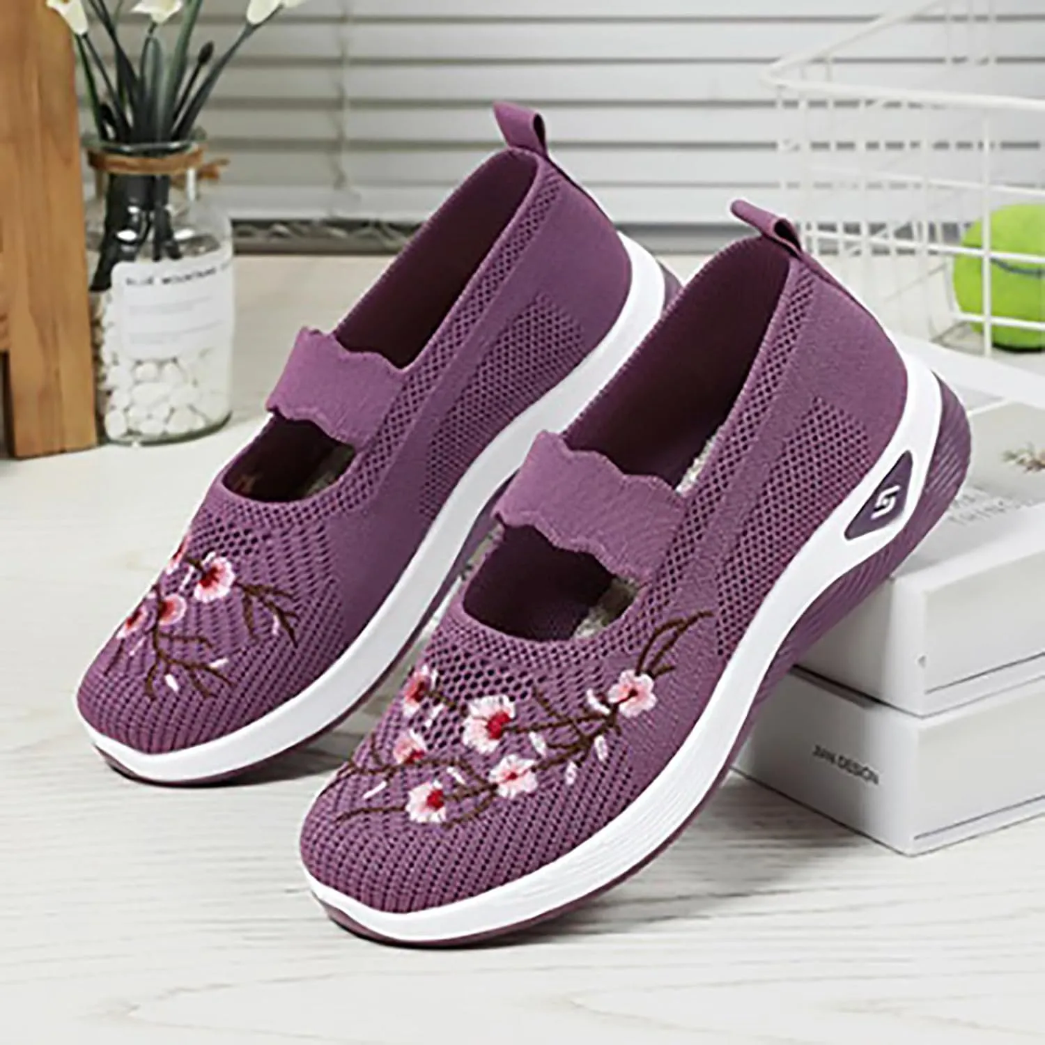 Women Woven Loafers Orthopedic Breathable Soft Shoes Slip On Walking Foam Anti Slip Arch Support Embroidery Sneakers