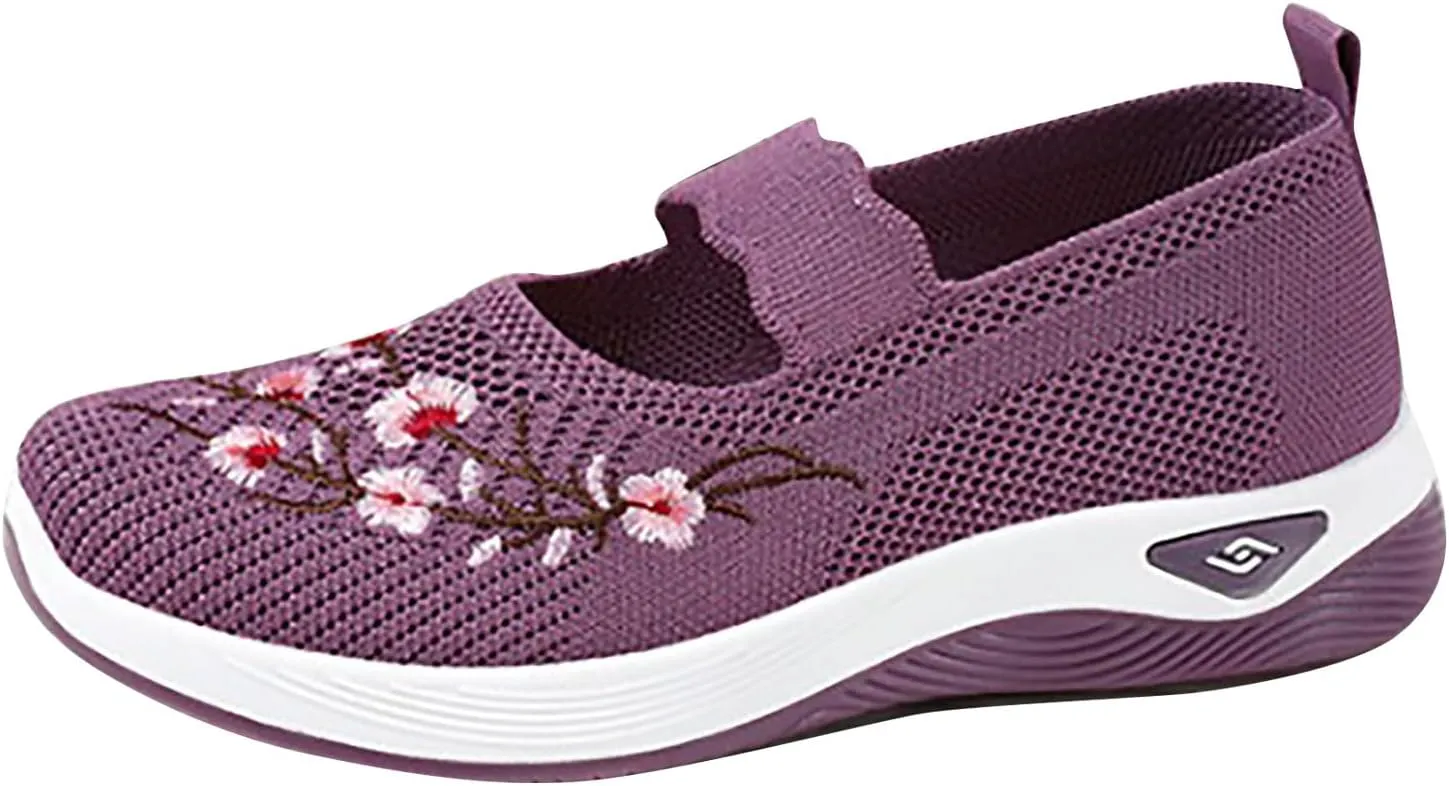 Women Woven Loafers Orthopedic Breathable Soft Shoes Slip On Walking Foam Anti Slip Arch Support Embroidery Sneakers