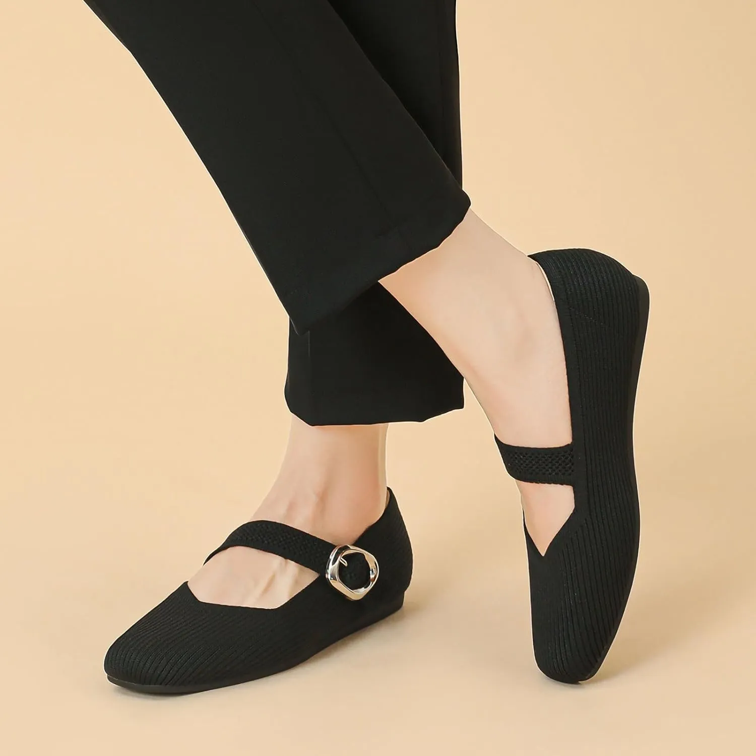 Women's Ballet Flat Shoes Casual Strap Knit Flats Square Toe Wedding Flats