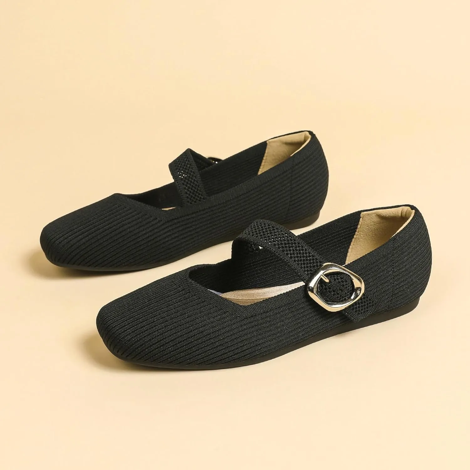 Women's Ballet Flat Shoes Casual Strap Knit Flats Square Toe Wedding Flats