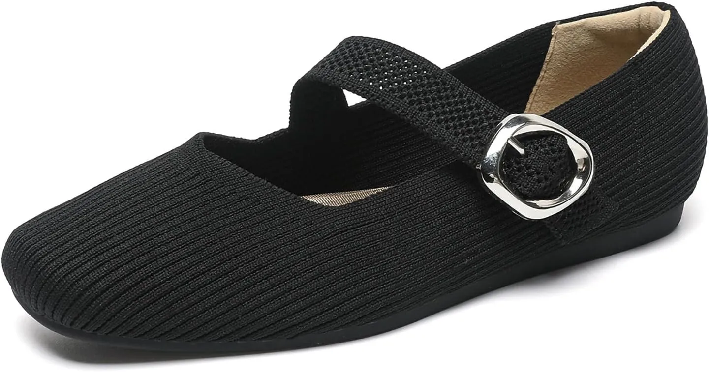 Women's Ballet Flat Shoes Casual Strap Knit Flats Square Toe Wedding Flats