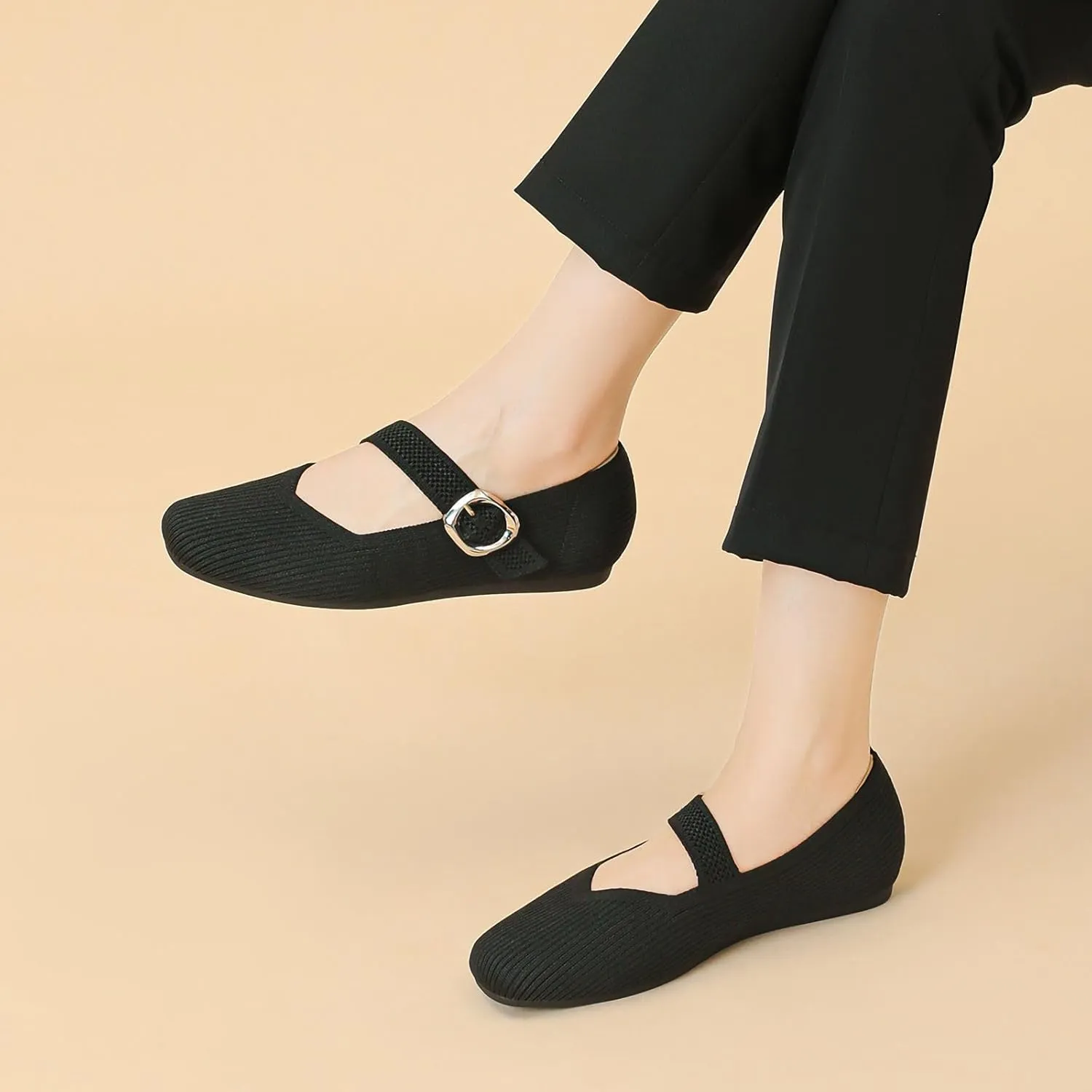 Women's Ballet Flat Shoes Casual Strap Knit Flats Square Toe Wedding Flats