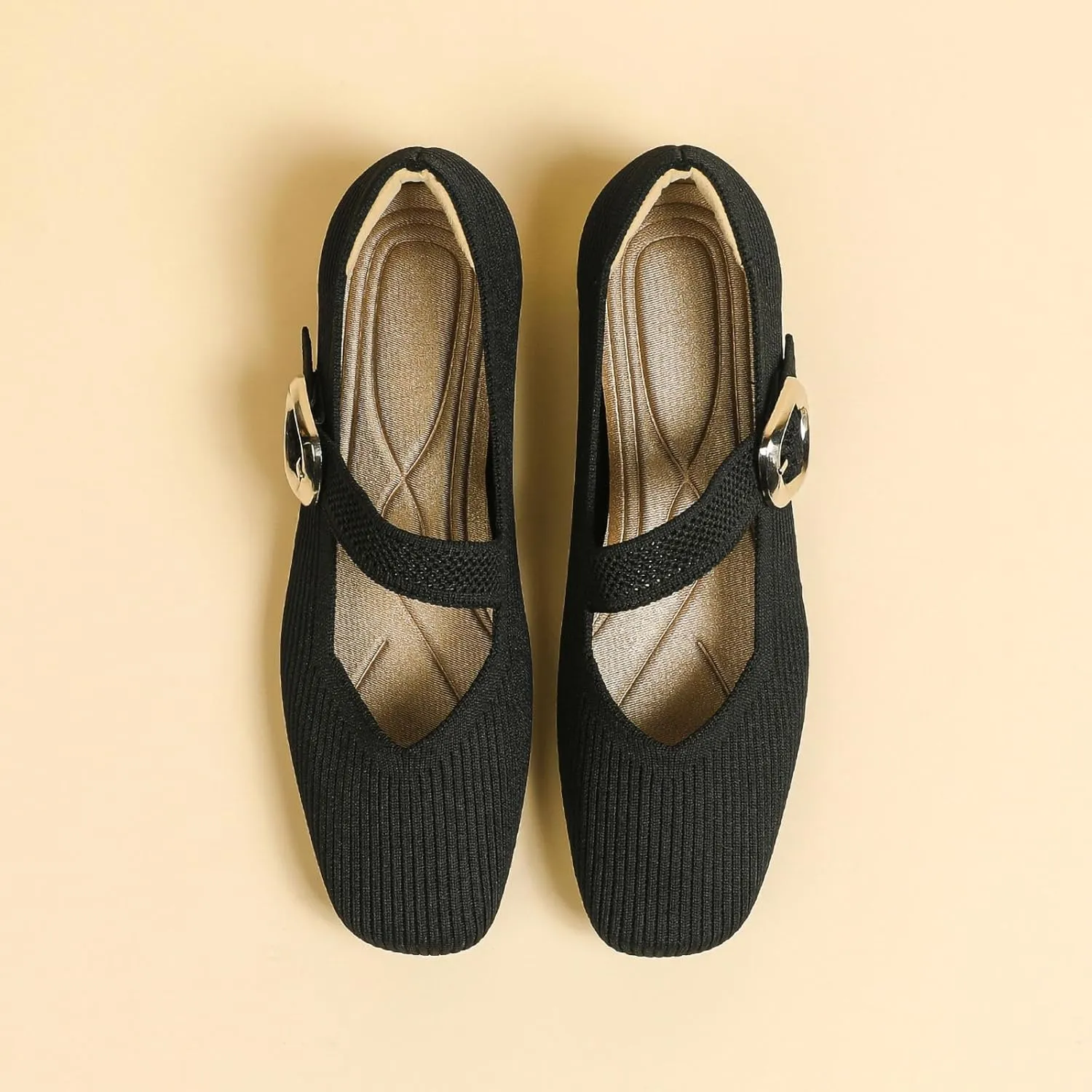 Women's Ballet Flat Shoes Casual Strap Knit Flats Square Toe Wedding Flats