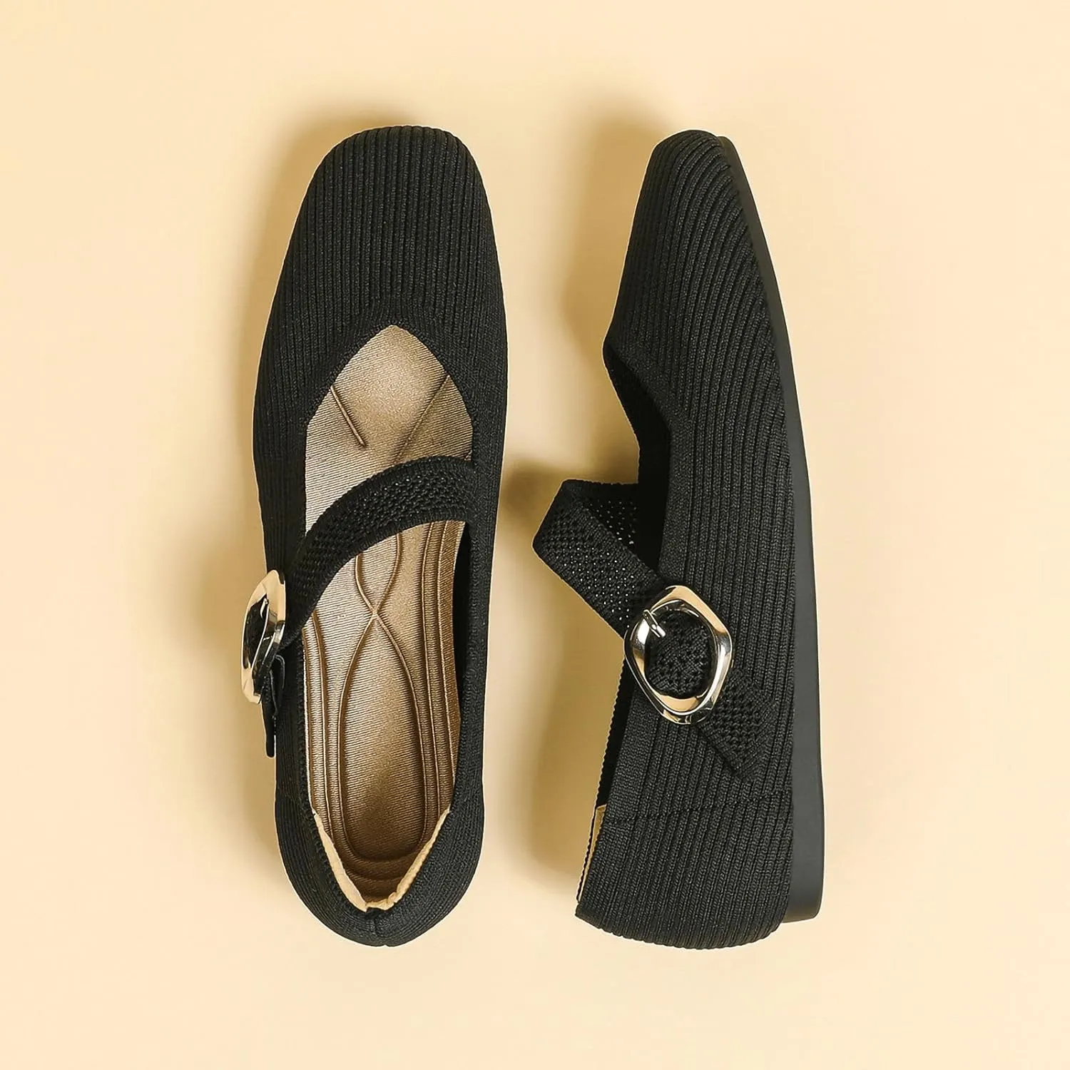 Women's Ballet Flat Shoes Casual Strap Knit Flats Square Toe Wedding Flats