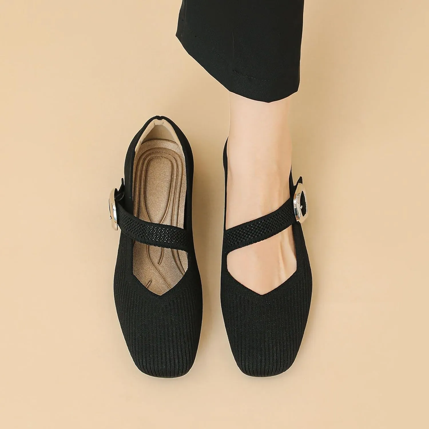 Women's Ballet Flat Shoes Casual Strap Knit Flats Square Toe Wedding Flats