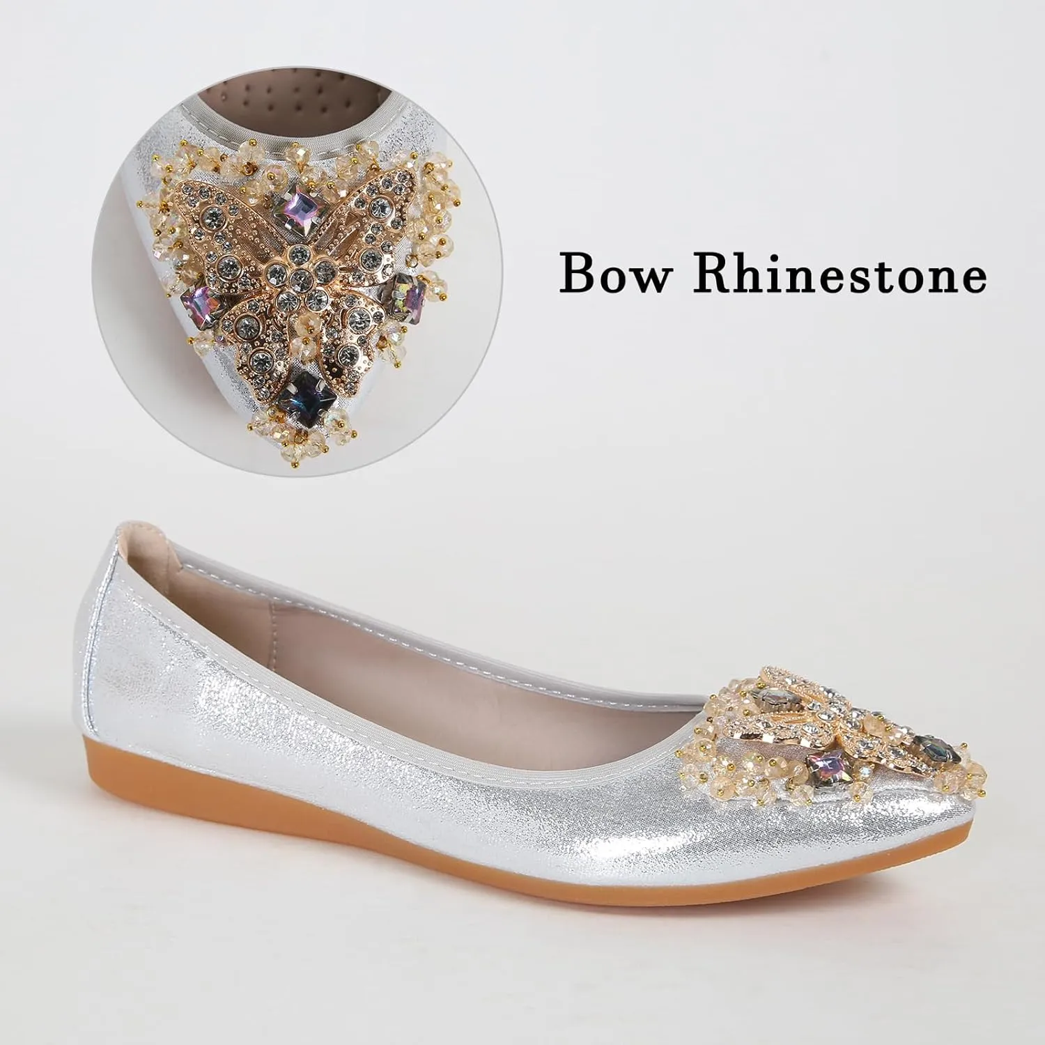 Womens Ballet Flats Foldable Rhinestone Pointed Toe Comfortable Slip on Wedding Flat Shoes Dress Flats for Women
