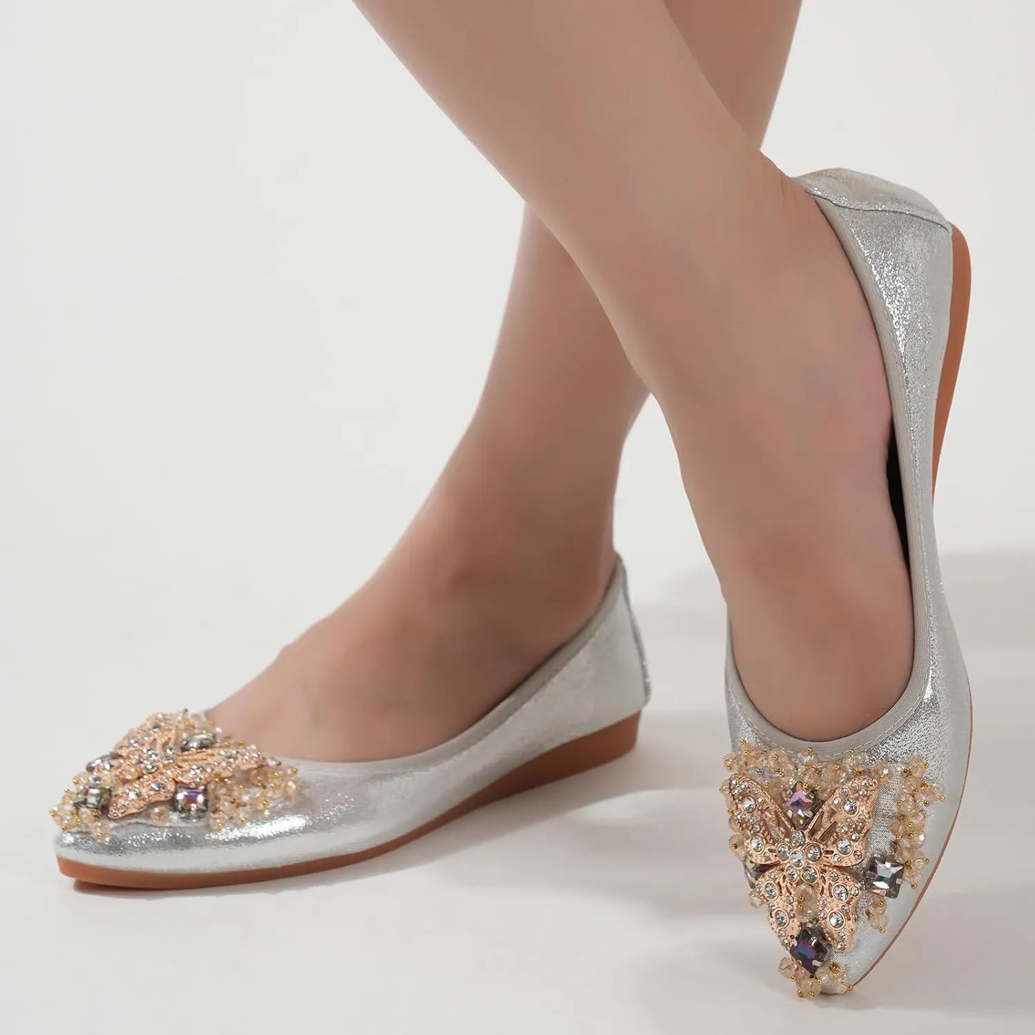 Womens Ballet Flats Foldable Rhinestone Pointed Toe Comfortable Slip on Wedding Flat Shoes Dress Flats for Women