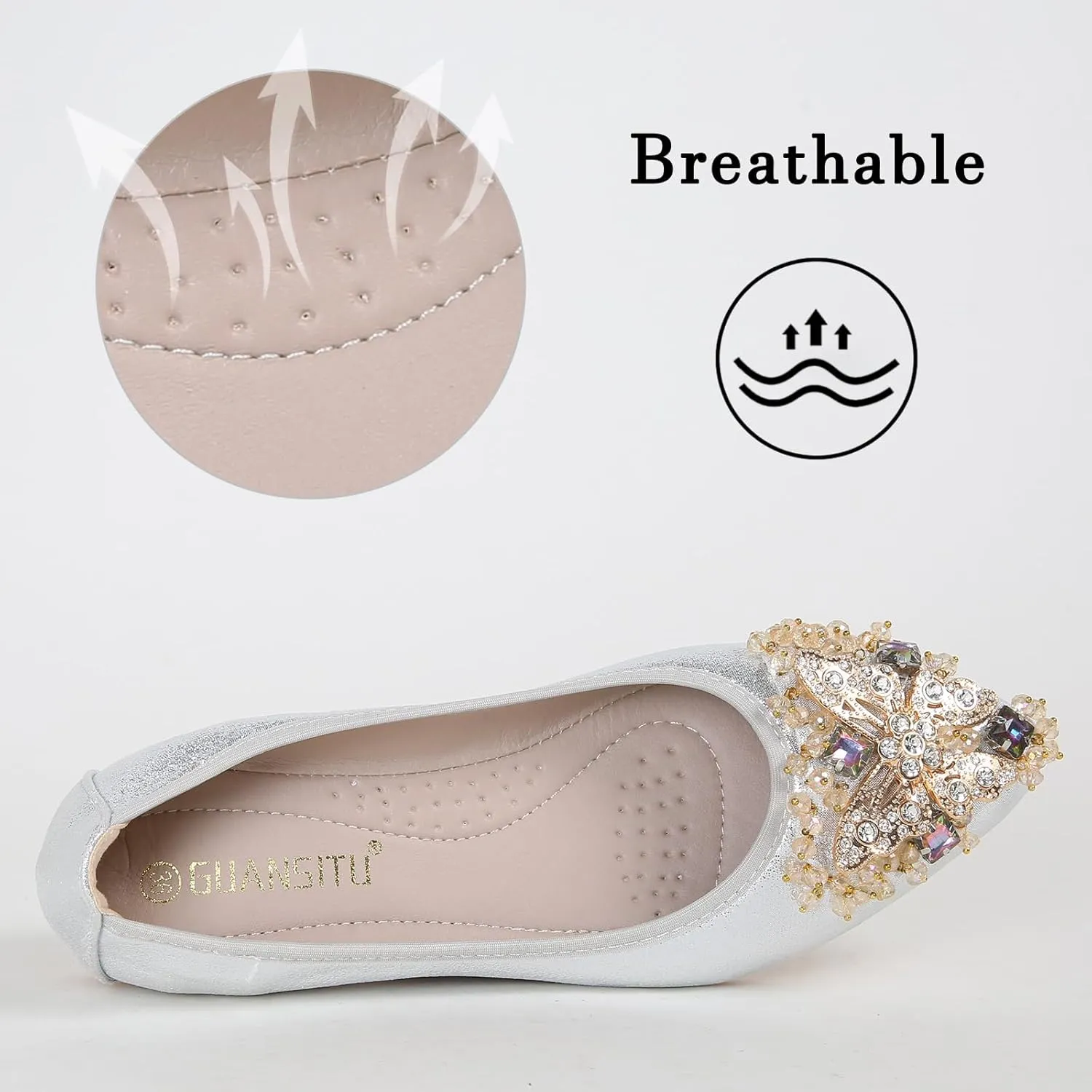 Womens Ballet Flats Foldable Rhinestone Pointed Toe Comfortable Slip on Wedding Flat Shoes Dress Flats for Women