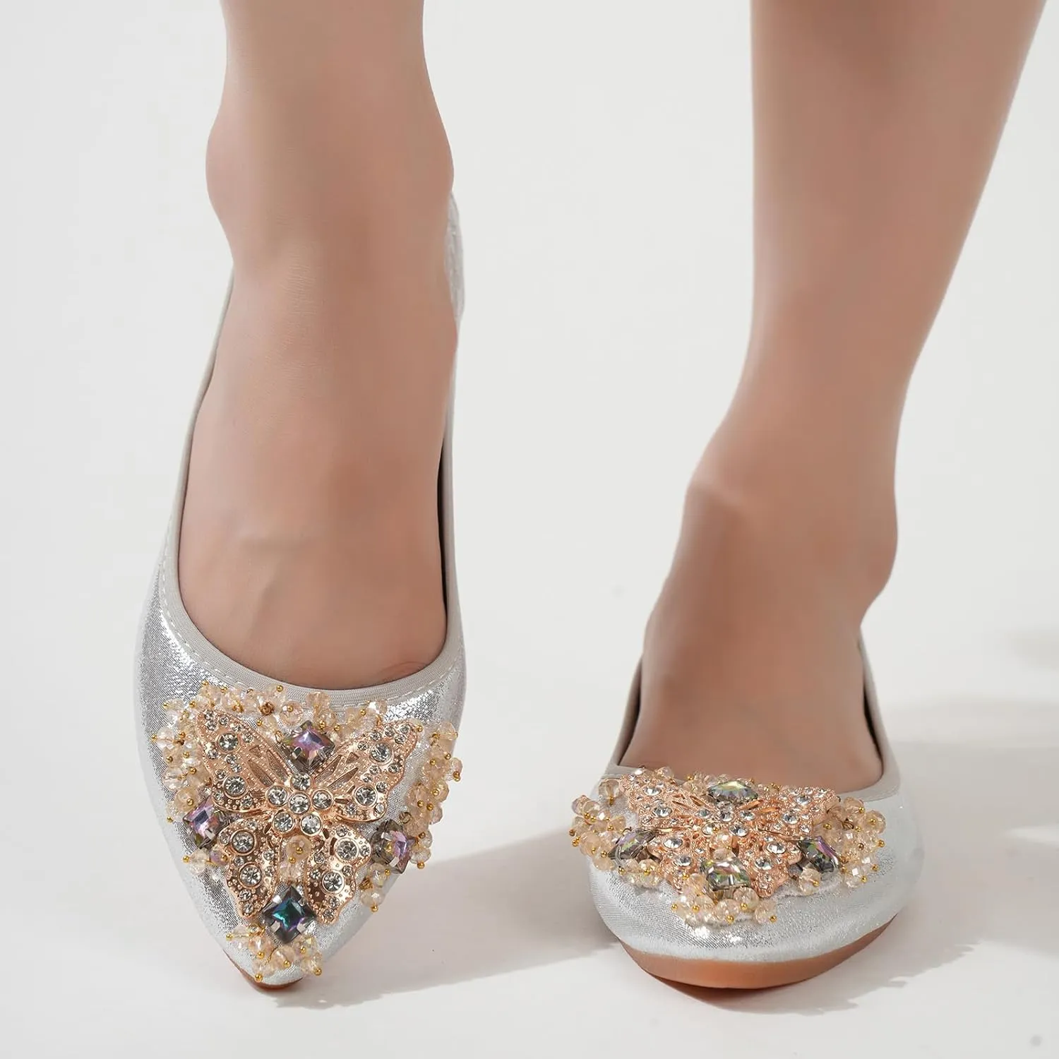 Womens Ballet Flats Foldable Rhinestone Pointed Toe Comfortable Slip on Wedding Flat Shoes Dress Flats for Women