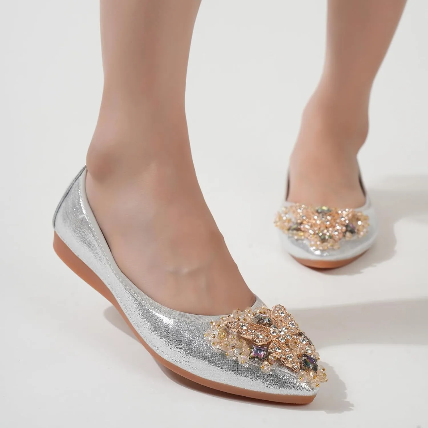 Womens Ballet Flats Foldable Rhinestone Pointed Toe Comfortable Slip on Wedding Flat Shoes Dress Flats for Women