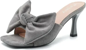 Women's Bow Sandal Mid High Kitten Heel Slip on Square Toe Mule Heels