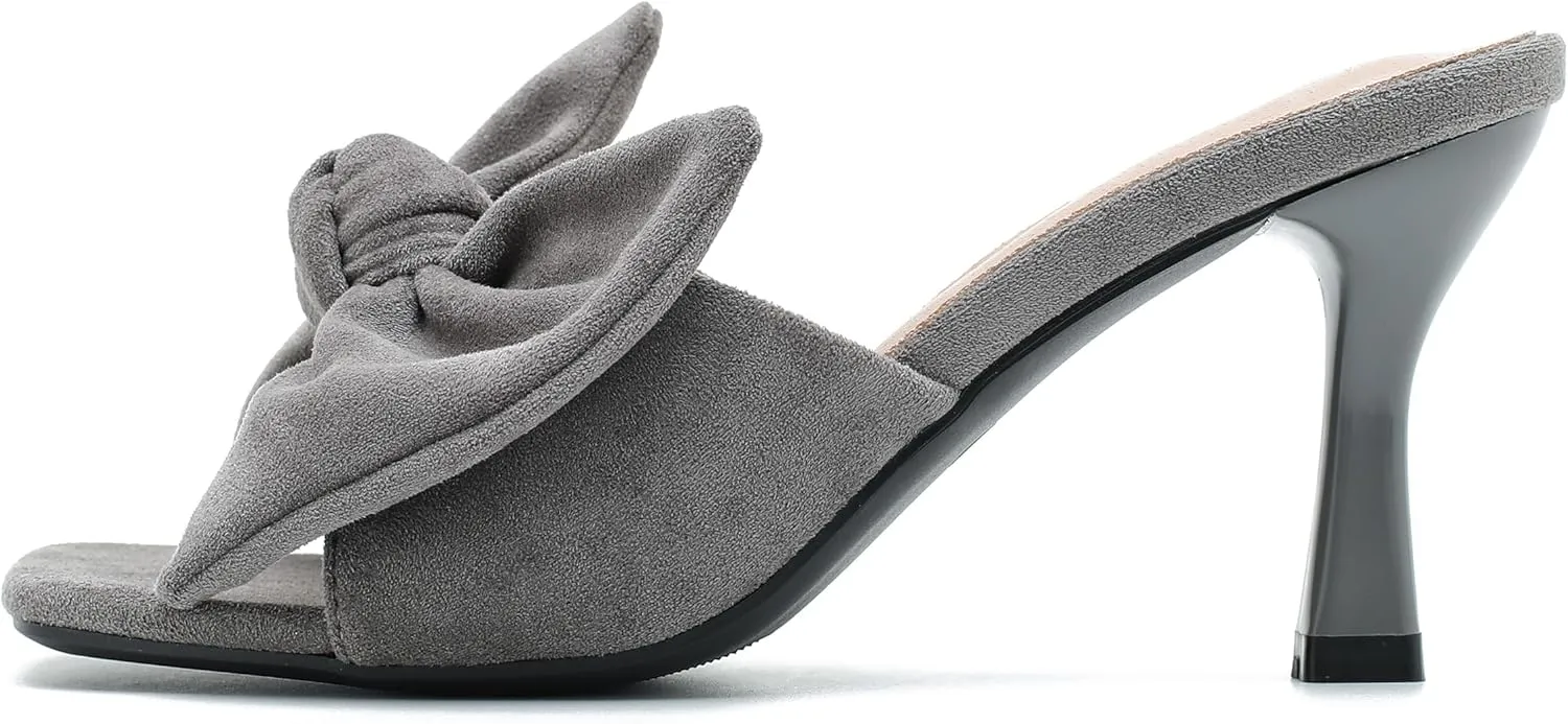 Women's Bow Sandal Mid High Kitten Heel Slip on Square Toe Mule Heels