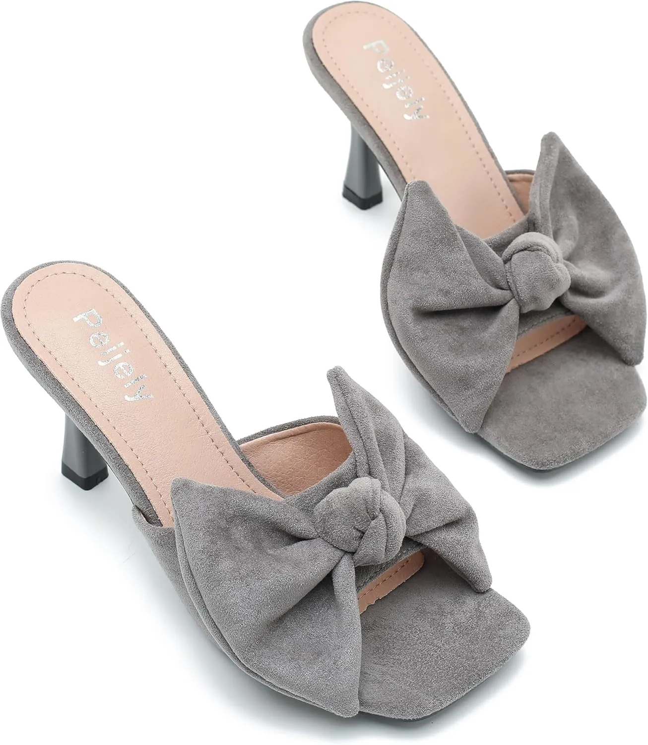 Women's Bow Sandal Mid High Kitten Heel Slip on Square Toe Mule Heels