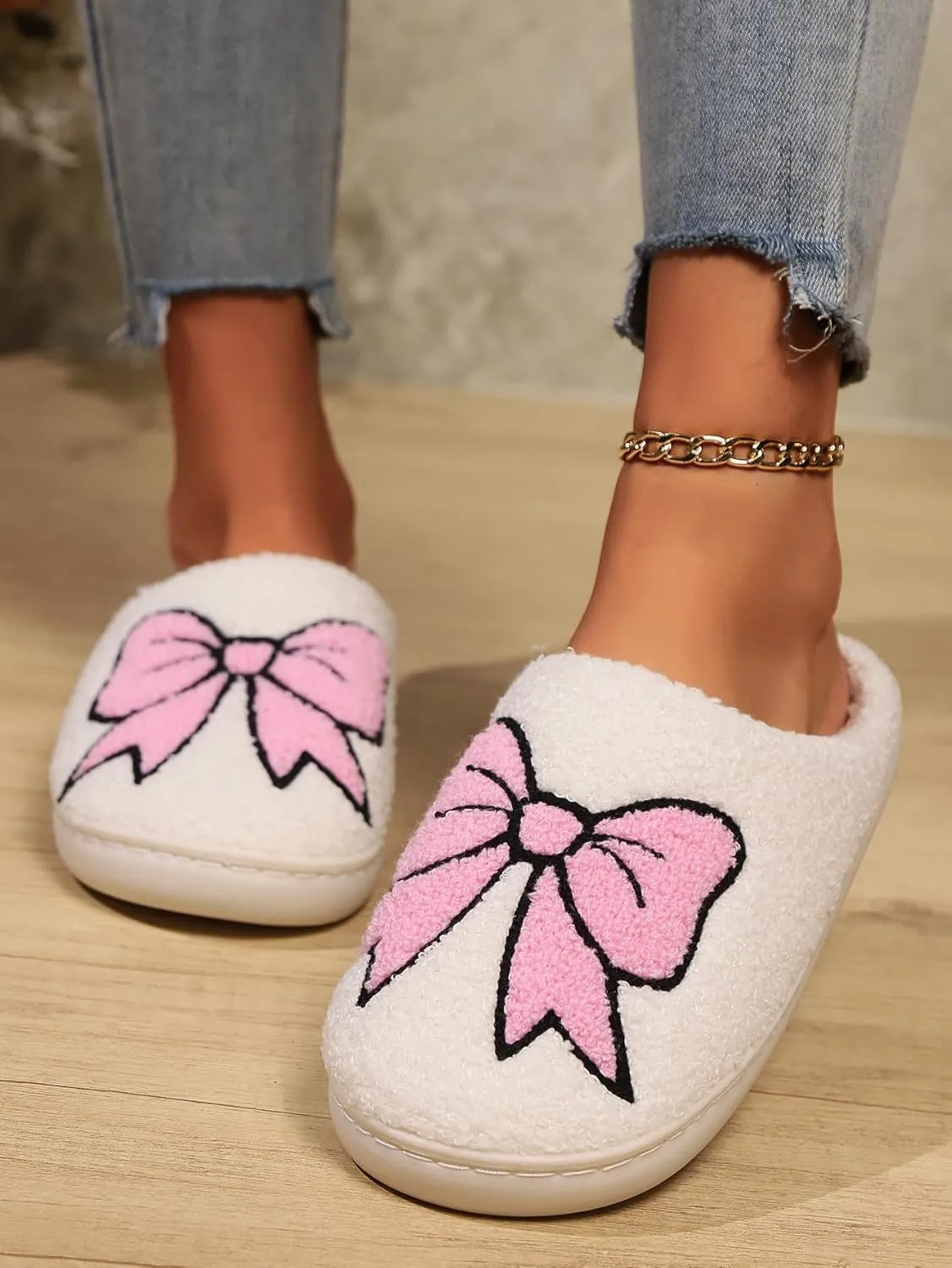 Women's Bow Slippers Fuzzy bowknot slippers Soft Memory Foam Plush Fluffy Warm House Shoes