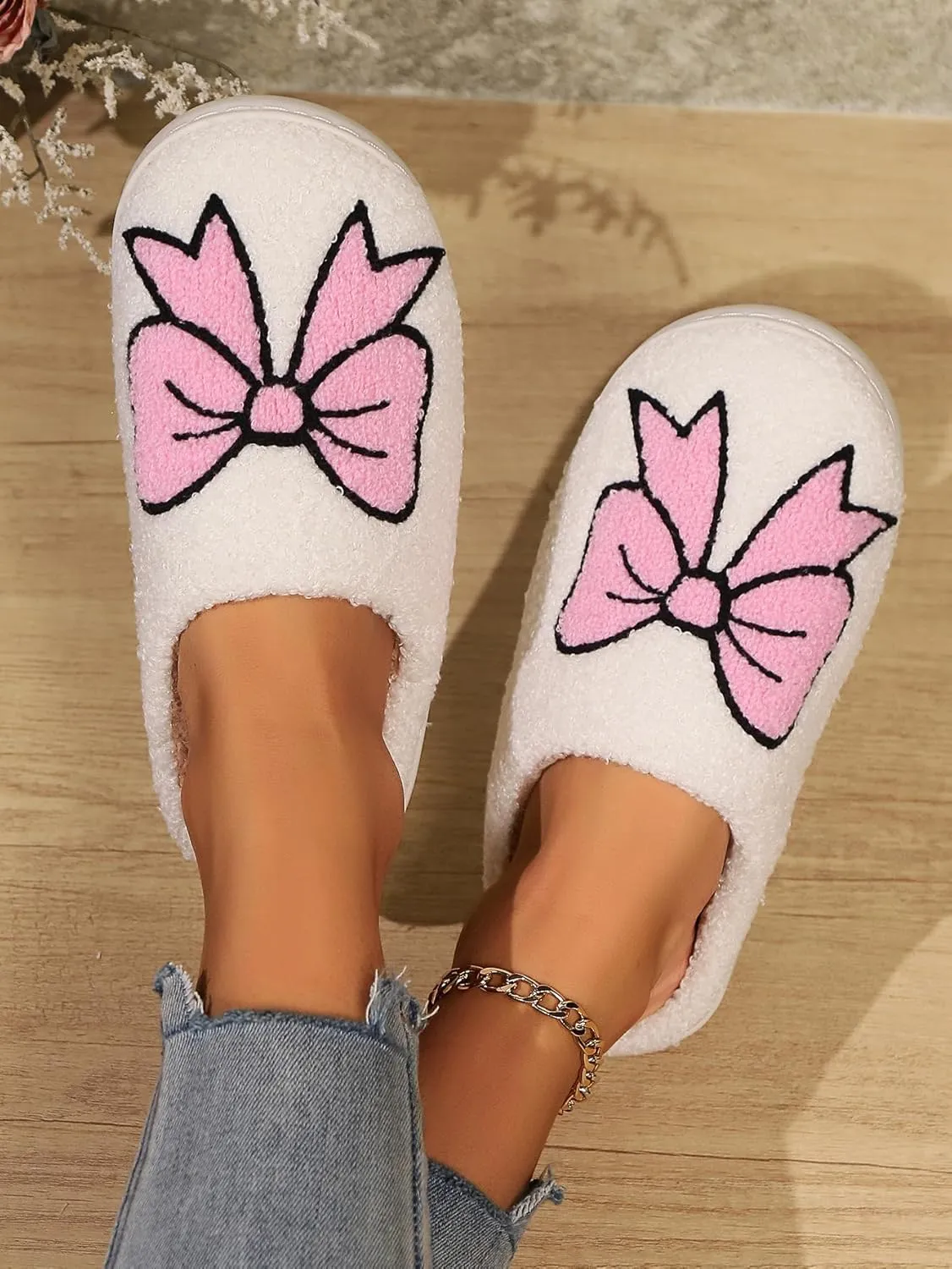 Women's Bow Slippers Fuzzy bowknot slippers Soft Memory Foam Plush Fluffy Warm House Shoes