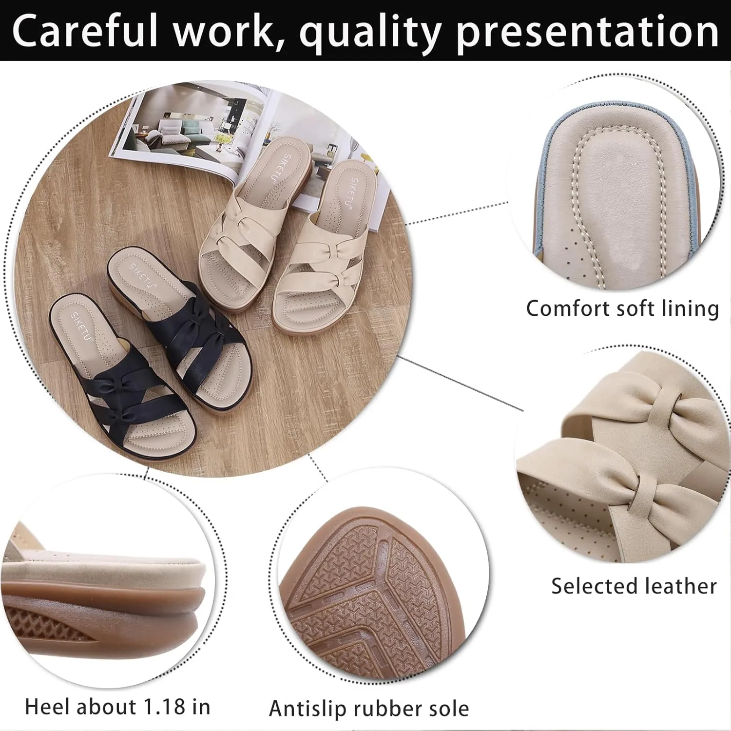 Women's Casual PU Leather Wedge Slides - Bow Decor Slip-On Sandals with Round Open Toe | Lightweight Anti-Slip Breathable for Beach Walking & Party