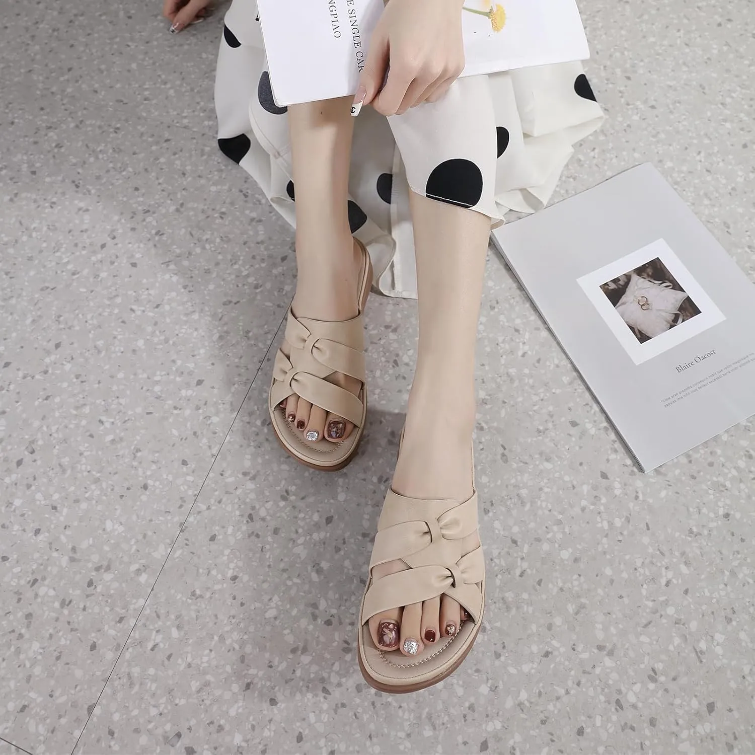 Women's Casual PU Leather Wedge Slides - Bow Decor Slip-On Sandals with Round Open Toe | Lightweight Anti-Slip Breathable for Beach Walking & Party