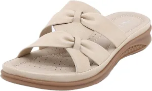 Women's Casual PU Leather Wedge Slides - Bow Decor Slip-On Sandals with Round Open Toe | Lightweight Anti-Slip Breathable for Beach Walking & Party