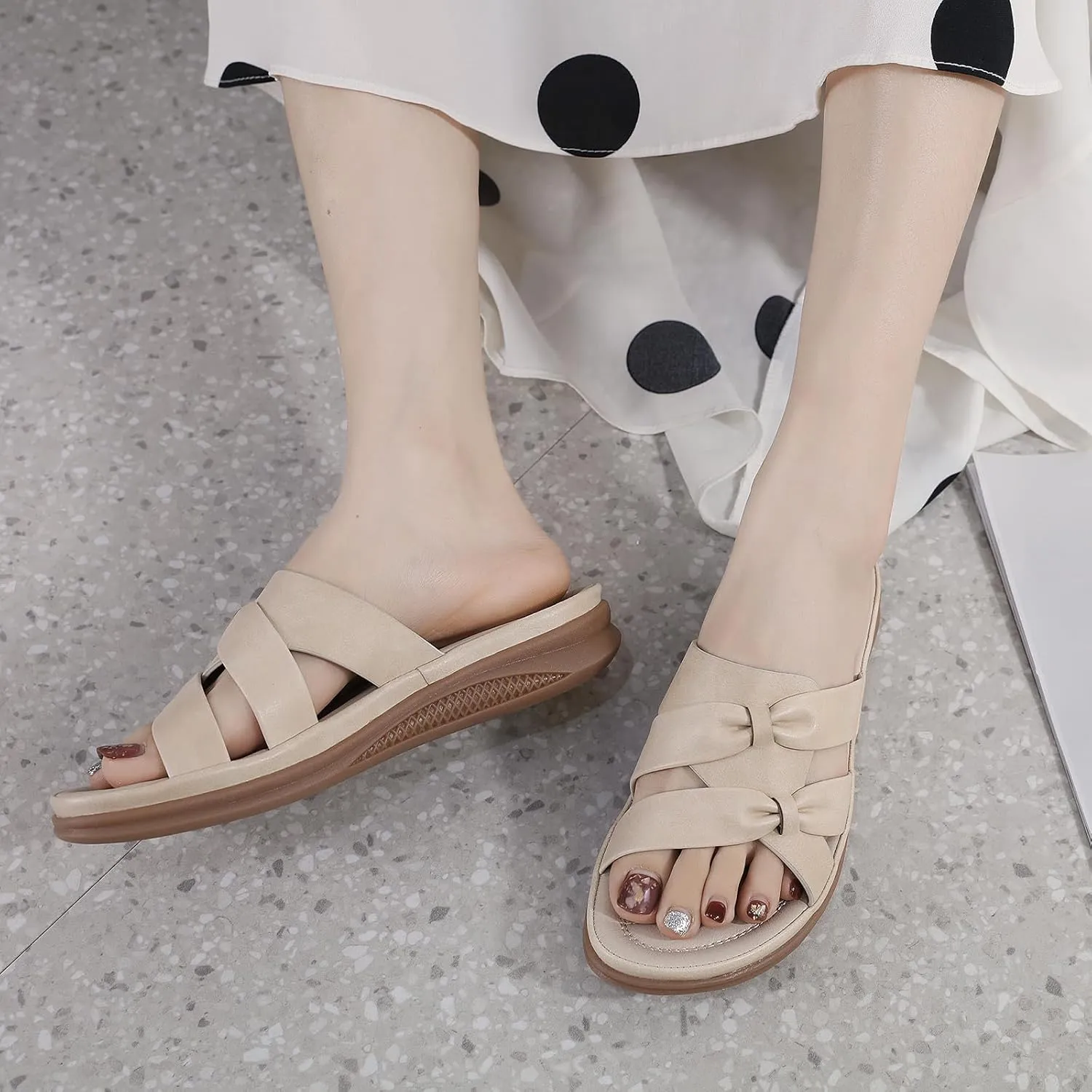 Women's Casual PU Leather Wedge Slides - Bow Decor Slip-On Sandals with Round Open Toe | Lightweight Anti-Slip Breathable for Beach Walking & Party