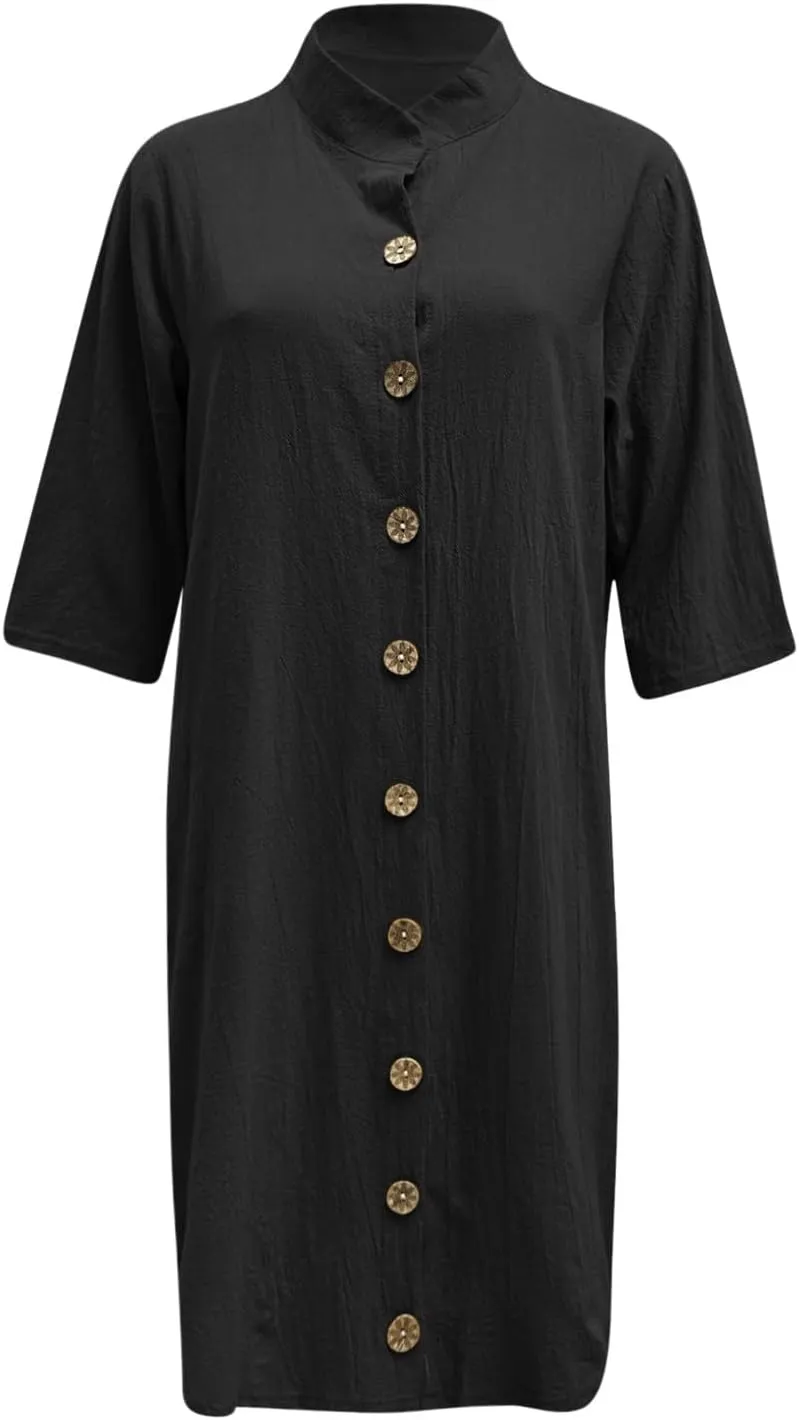 Women's Casual Shirt Dresses 2025 Cotton Short Sleeve Button Down Bathing Suit Cover up Beach Pleated Shirt Dresses