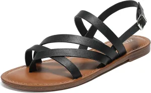 Womens Casual Strappy Flat Sandals Comfortable Adjustable Ankle Strap Dressy Thong Sandals Summer Beach Open Toe Gladiator Flip Flops