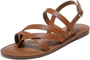 Womens Casual Strappy Flat Sandals Comfortable Adjustable Ankle Strap Dressy Thong Sandals Summer Beach Open Toe Gladiator Flip Flops