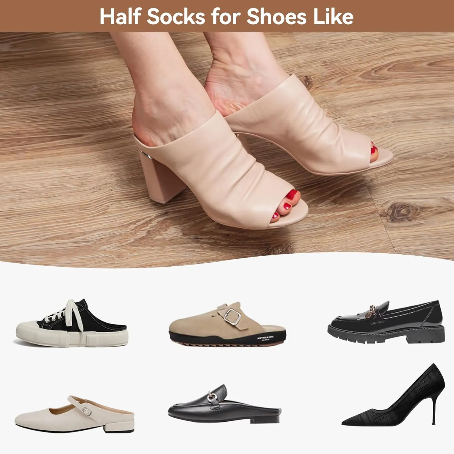 Women's Cotton Peep Toe Sock for Mule Open Toe Half Socks for Women Non-Slip Toe Toppers No Show Liner Toe Covers