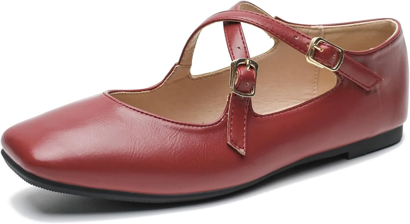 Women's Cross Strap Ballet Flats Square Toe Casual Retro Mary Jane Lolita Dress Shoes