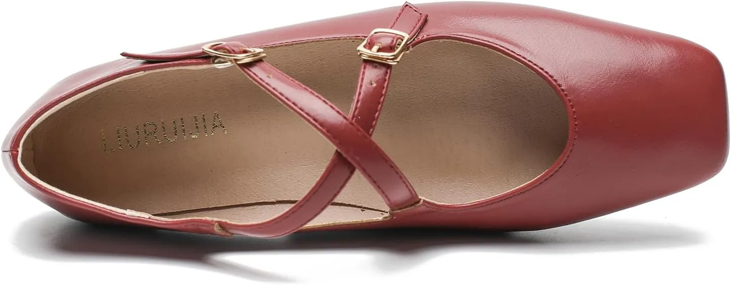 Women's Cross Strap Ballet Flats Square Toe Casual Retro Mary Jane Lolita Dress Shoes