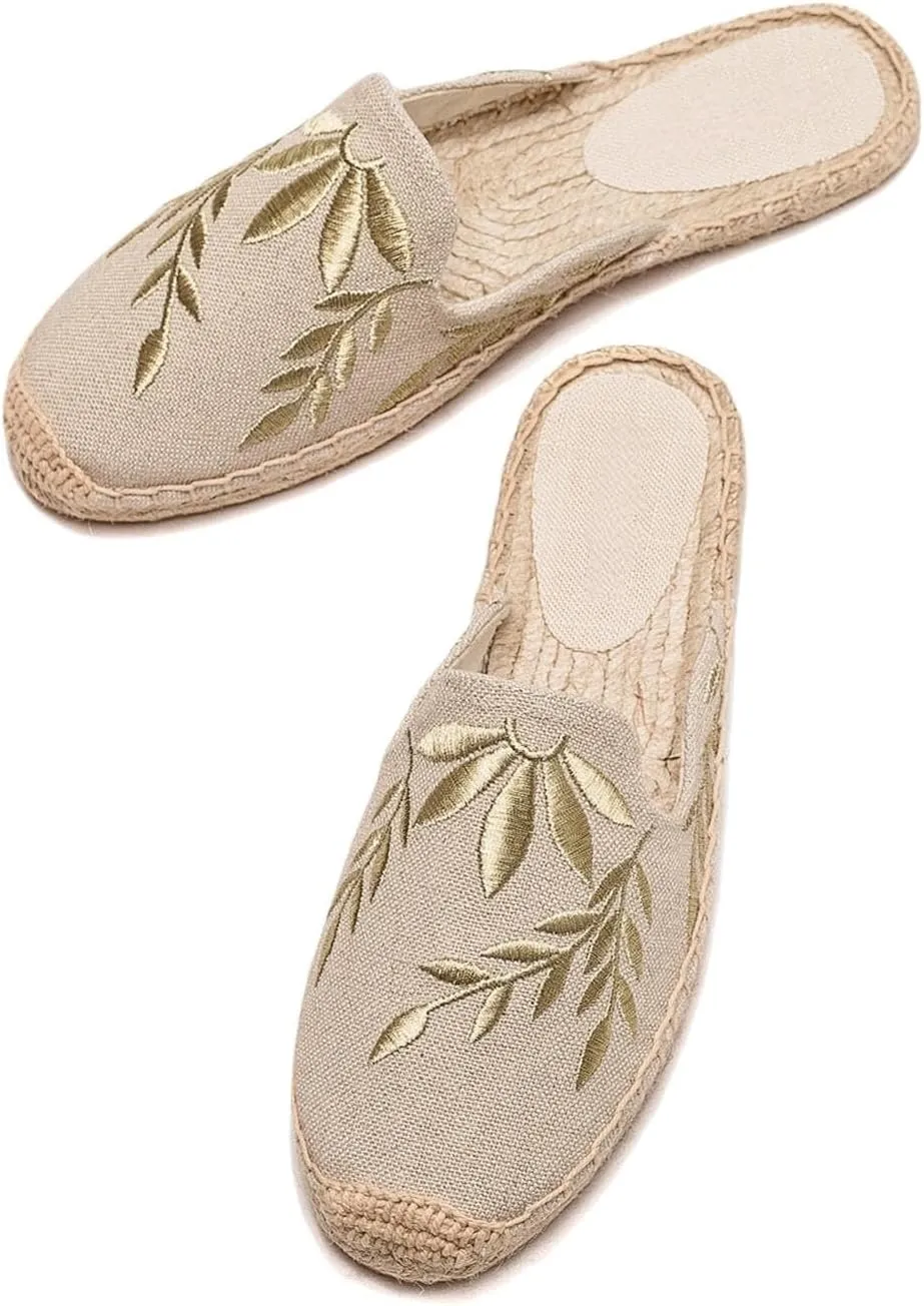 Womens Embroidery Espadrille Mules Flats - Fashion Flats Shoes Comfortable Mule Shoes Breathable Espadrilles Anti-Slip Slipper
