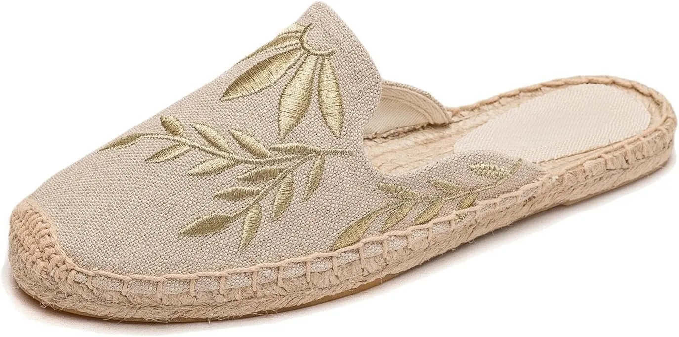 Womens Embroidery Espadrille Mules Flats - Fashion Flats Shoes Comfortable Mule Shoes Breathable Espadrilles Anti-Slip Slipper