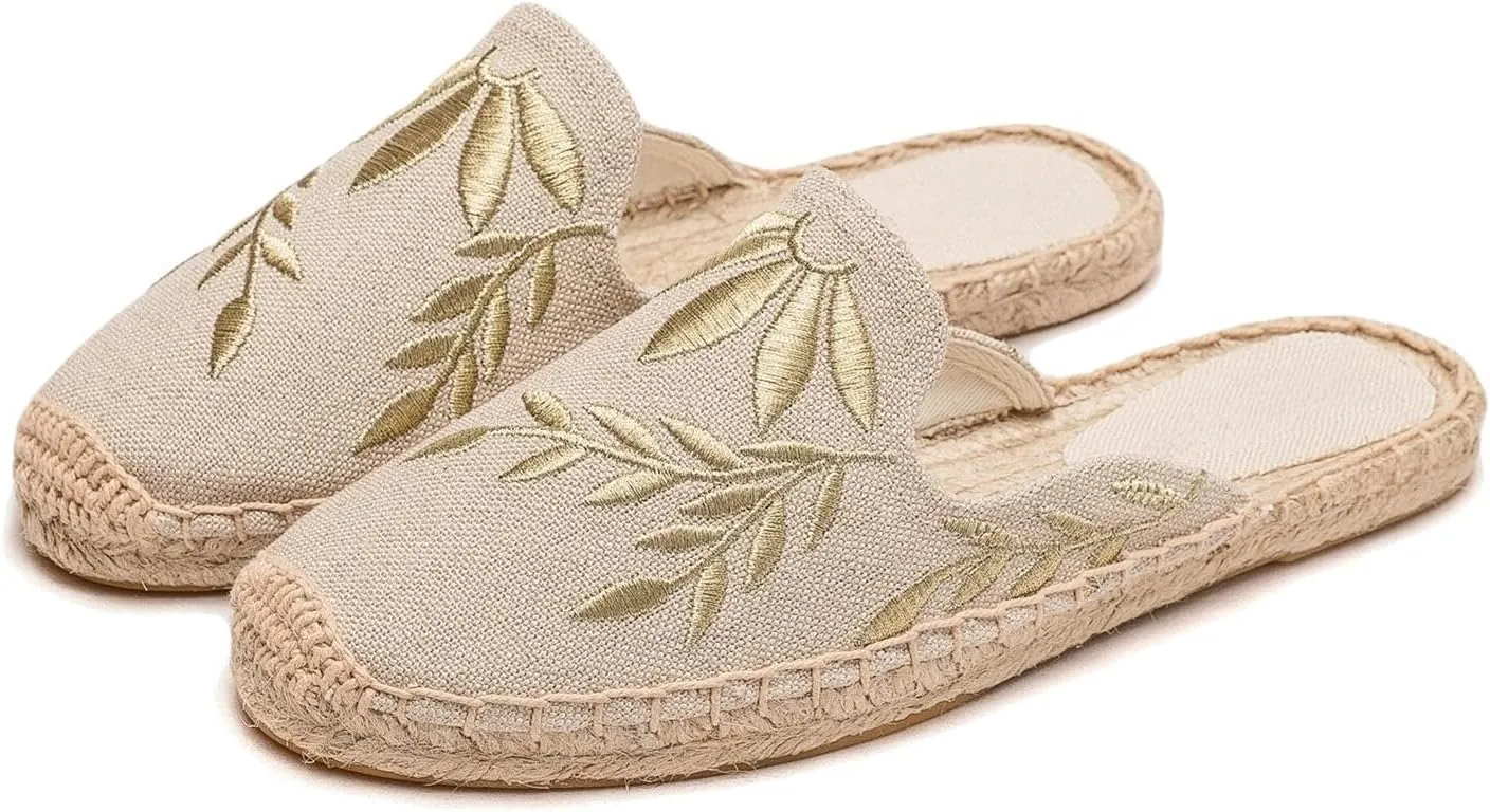 Womens Embroidery Espadrille Mules Flats - Fashion Flats Shoes Comfortable Mule Shoes Breathable Espadrilles Anti-Slip Slipper