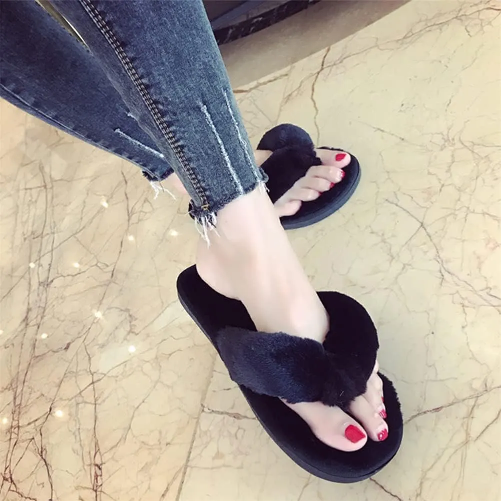 Womens Faux Fur Slippers Warm Fussy Flip Flop House Slippers Open Toe Home Slippers for Girls Men