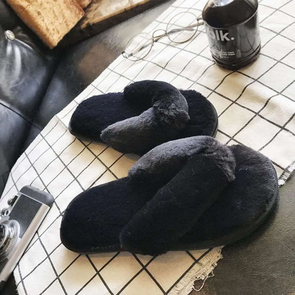 Womens Faux Fur Slippers Warm Fussy Flip Flop House Slippers Open Toe Home Slippers for Girls Men