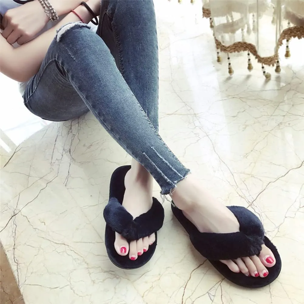 Womens Faux Fur Slippers Warm Fussy Flip Flop House Slippers Open Toe Home Slippers for Girls Men