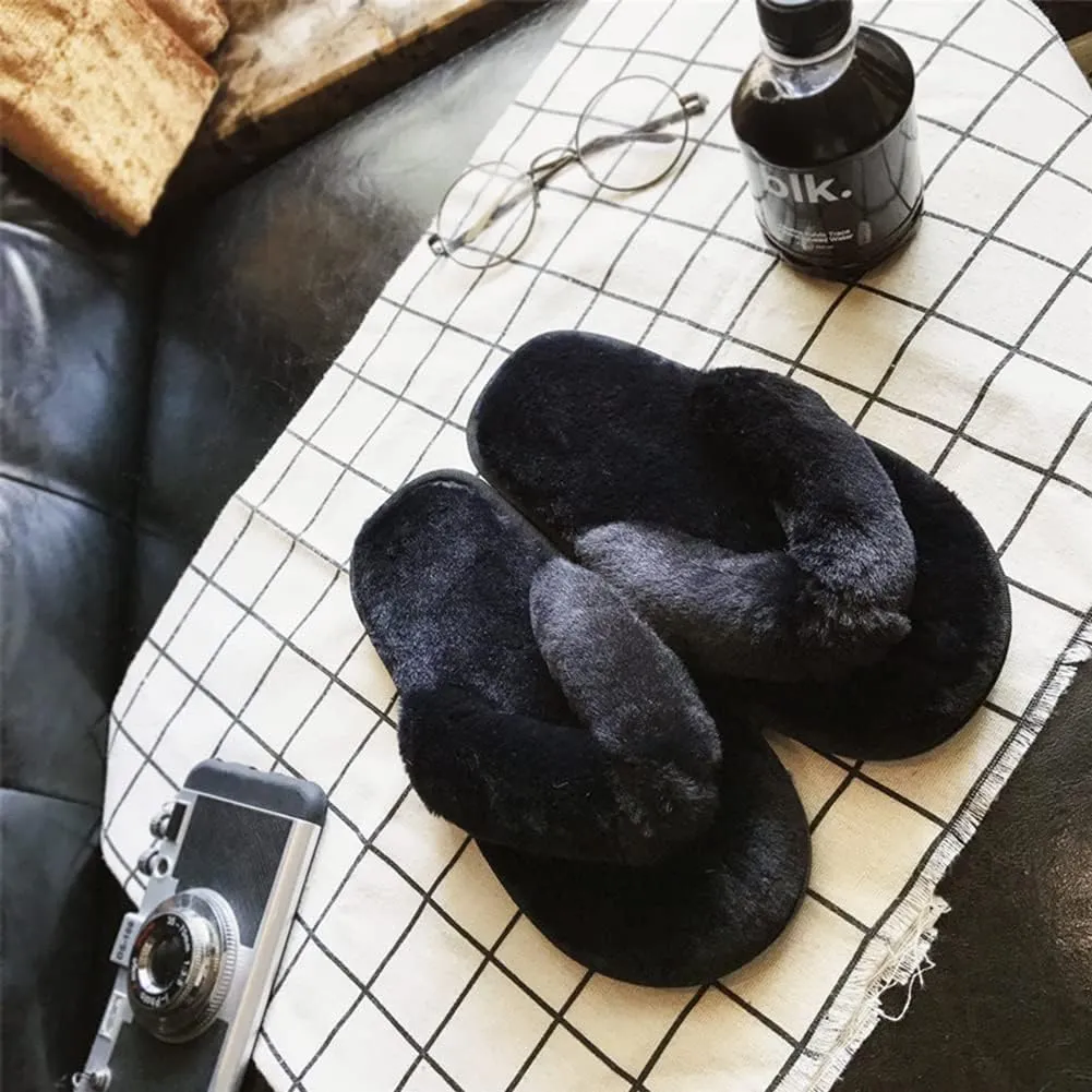 Womens Faux Fur Slippers Warm Fussy Flip Flop House Slippers Open Toe Home Slippers for Girls Men