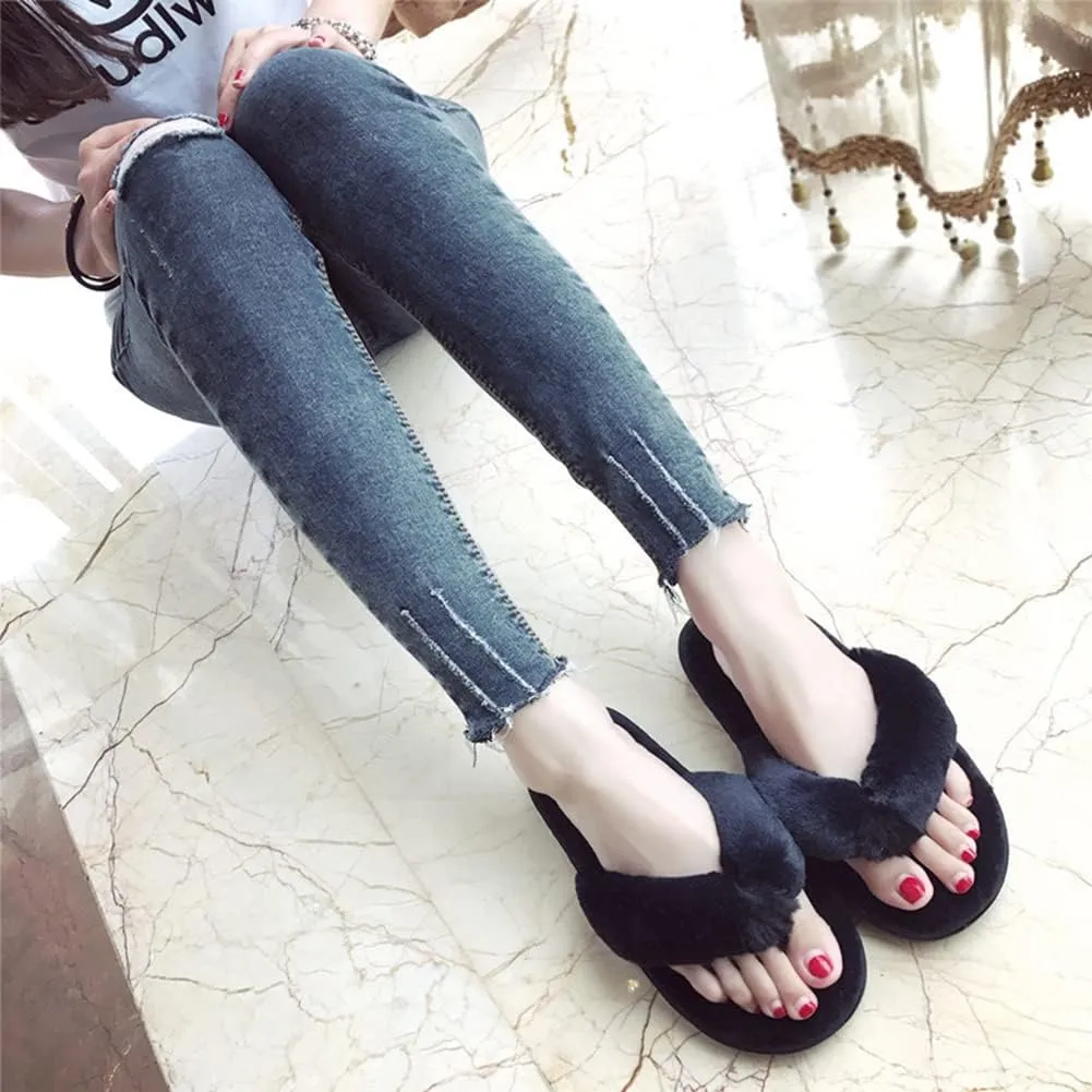 Womens Faux Fur Slippers Warm Fussy Flip Flop House Slippers Open Toe Home Slippers for Girls Men