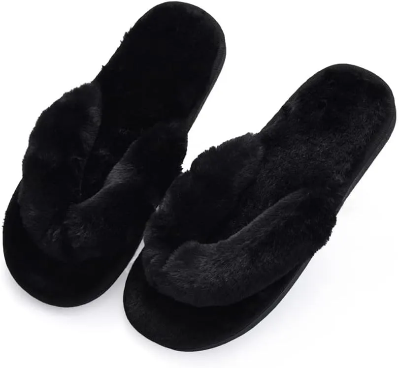 Womens Faux Fur Slippers Warm Fussy Flip Flop House Slippers Open Toe Home Slippers for Girls Men