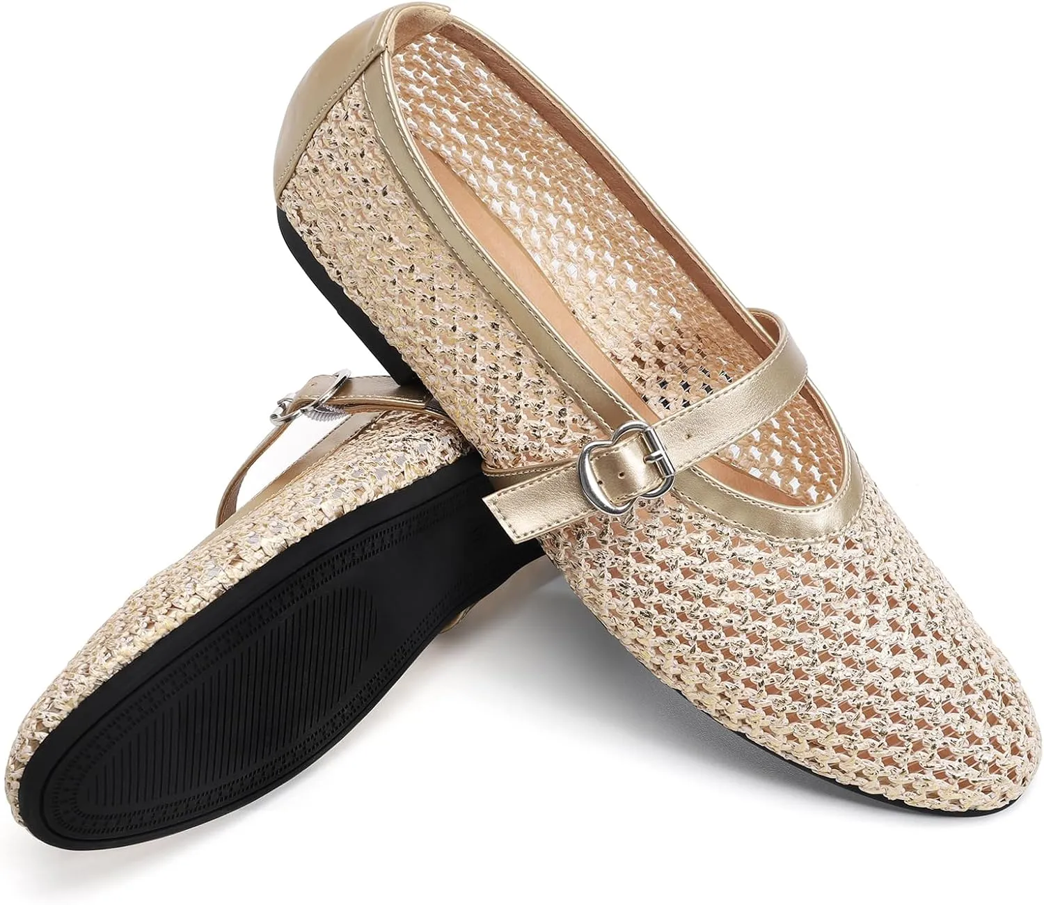 Women's Fishnet Mesh Ballet Flats with Buckle, Slip-On Dress Mary Jane Flats for Women, Elegant Lightweight Ballerina Shoes, Breathable Comfortable Wedding Party Shoe, Stylish Casual Footwear