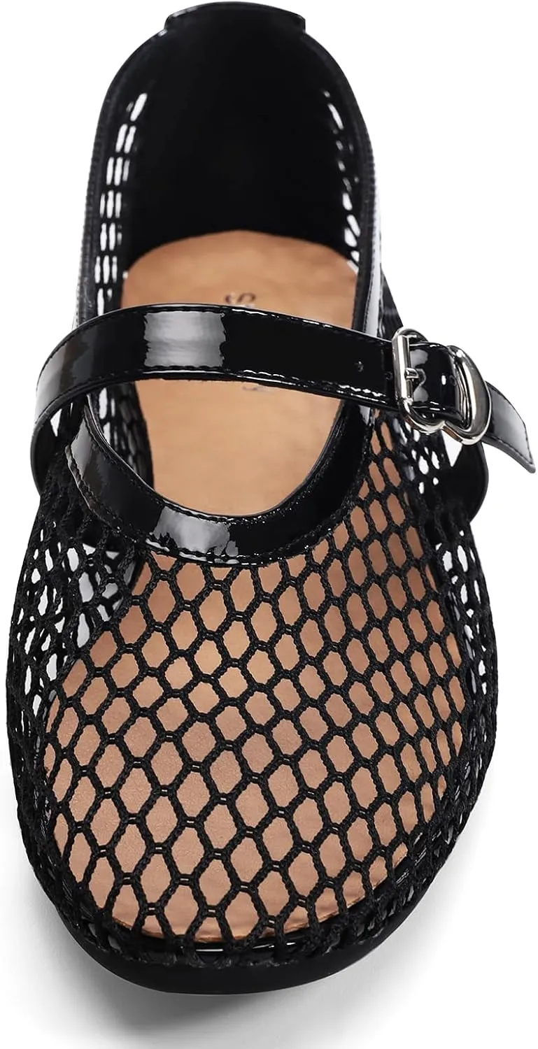 Women's Fishnet Mesh Ballet Flats with Buckle, Slip-On Dress Mary Jane Flats for Women, Elegant Lightweight Ballerina Shoes, Breathable Comfortable Wedding Party Shoe, Stylish Casual Footwear