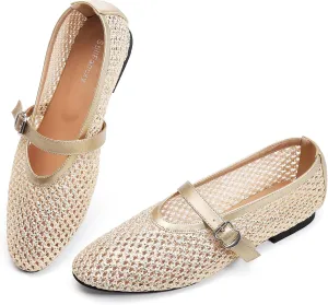 Women's Fishnet Mesh Ballet Flats with Buckle, Slip-On Dress Mary Jane Flats for Women, Elegant Lightweight Ballerina Shoes, Breathable Comfortable Wedding Party Shoe, Stylish Casual Footwear