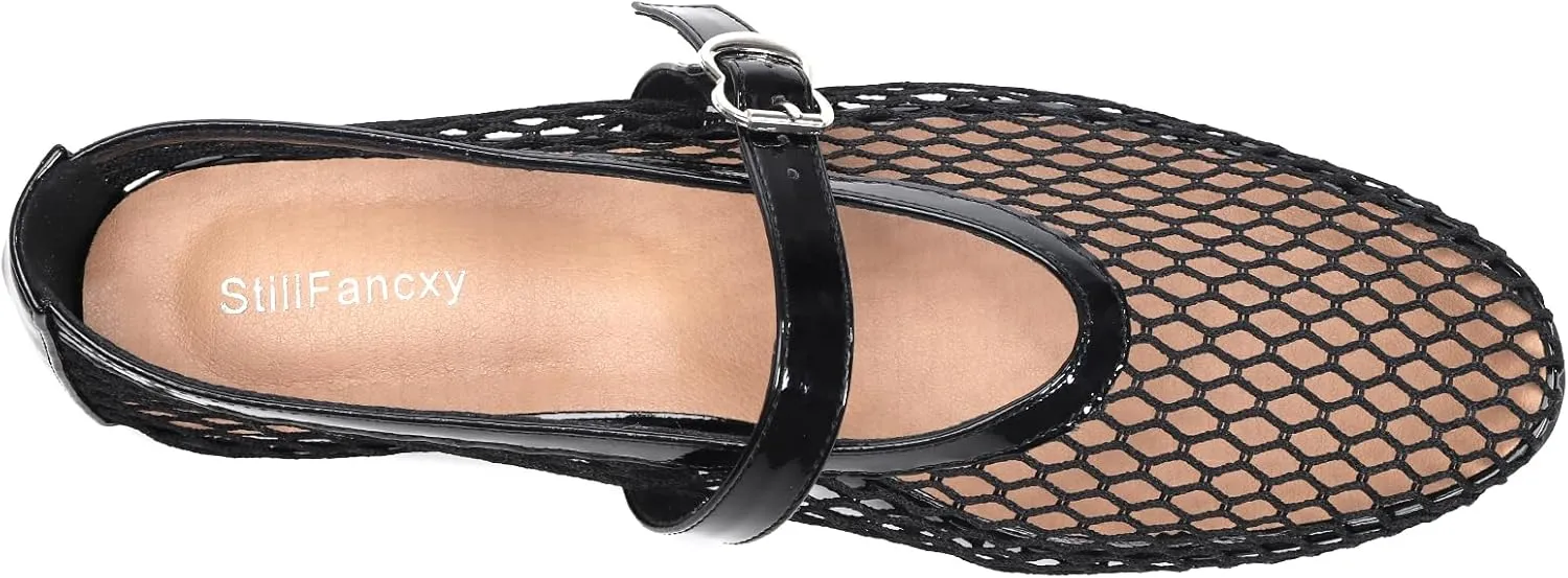 Women's Fishnet Mesh Ballet Flats with Buckle, Slip-On Dress Mary Jane Flats for Women, Elegant Lightweight Ballerina Shoes, Breathable Comfortable Wedding Party Shoe, Stylish Casual Footwear