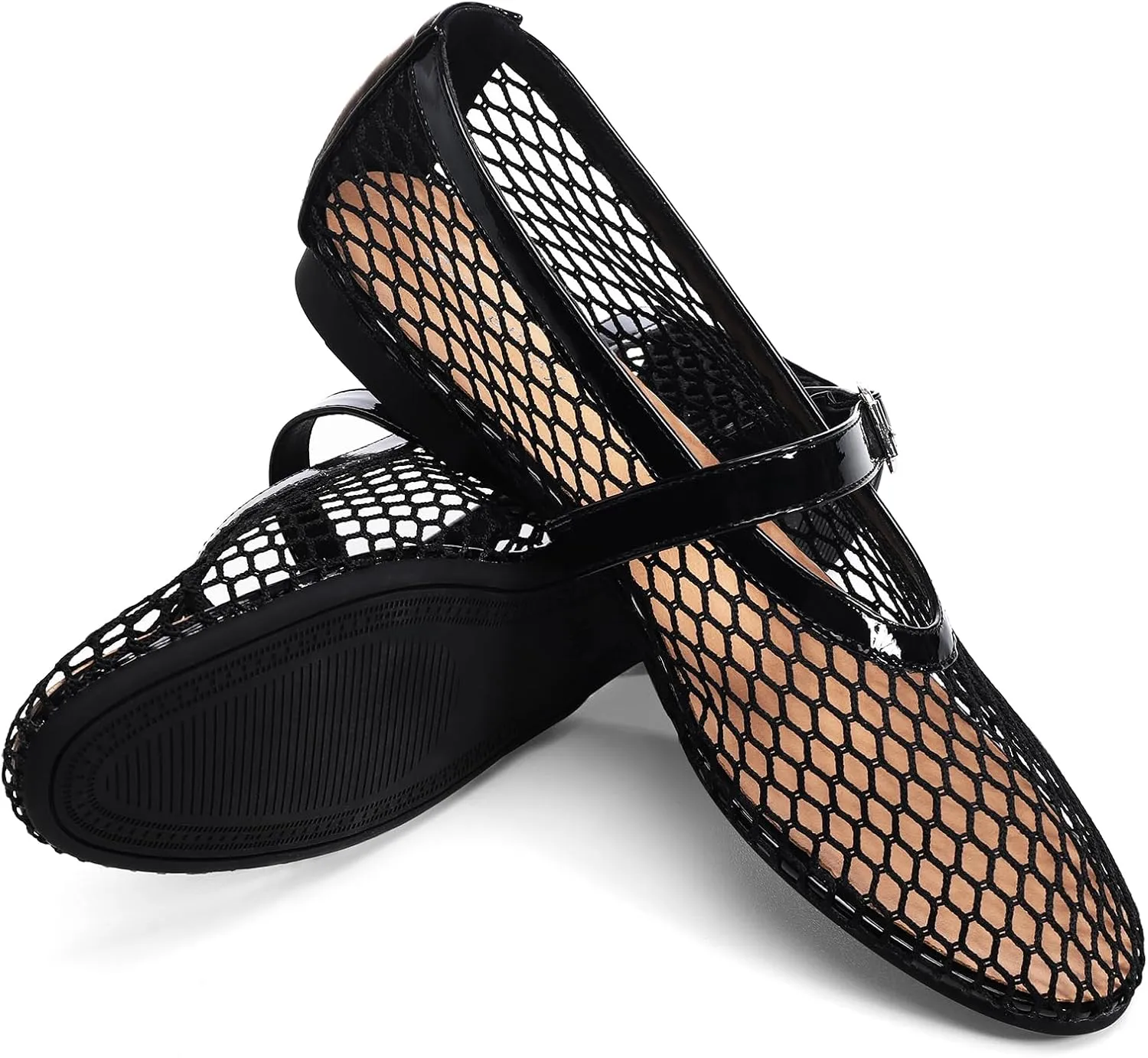 Women's Fishnet Mesh Ballet Flats with Buckle, Slip-On Dress Mary Jane Flats for Women, Elegant Lightweight Ballerina Shoes, Breathable Comfortable Wedding Party Shoe, Stylish Casual Footwear