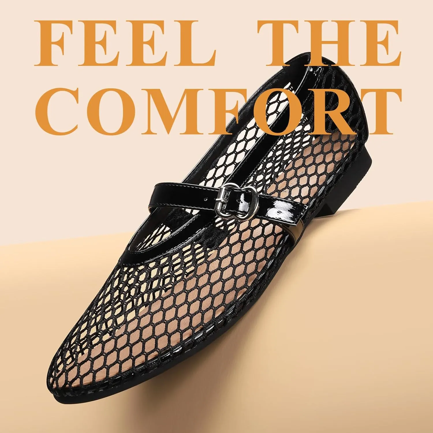 Women's Fishnet Mesh Ballet Flats with Buckle, Slip-On Dress Mary Jane Flats for Women, Elegant Lightweight Ballerina Shoes, Breathable Comfortable Wedding Party Shoe, Stylish Casual Footwear