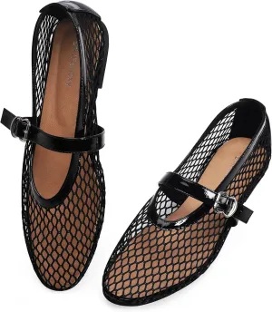 Women's Fishnet Mesh Ballet Flats with Buckle, Slip-On Dress Mary Jane Flats for Women, Elegant Lightweight Ballerina Shoes, Breathable Comfortable Wedding Party Shoe, Stylish Casual Footwear