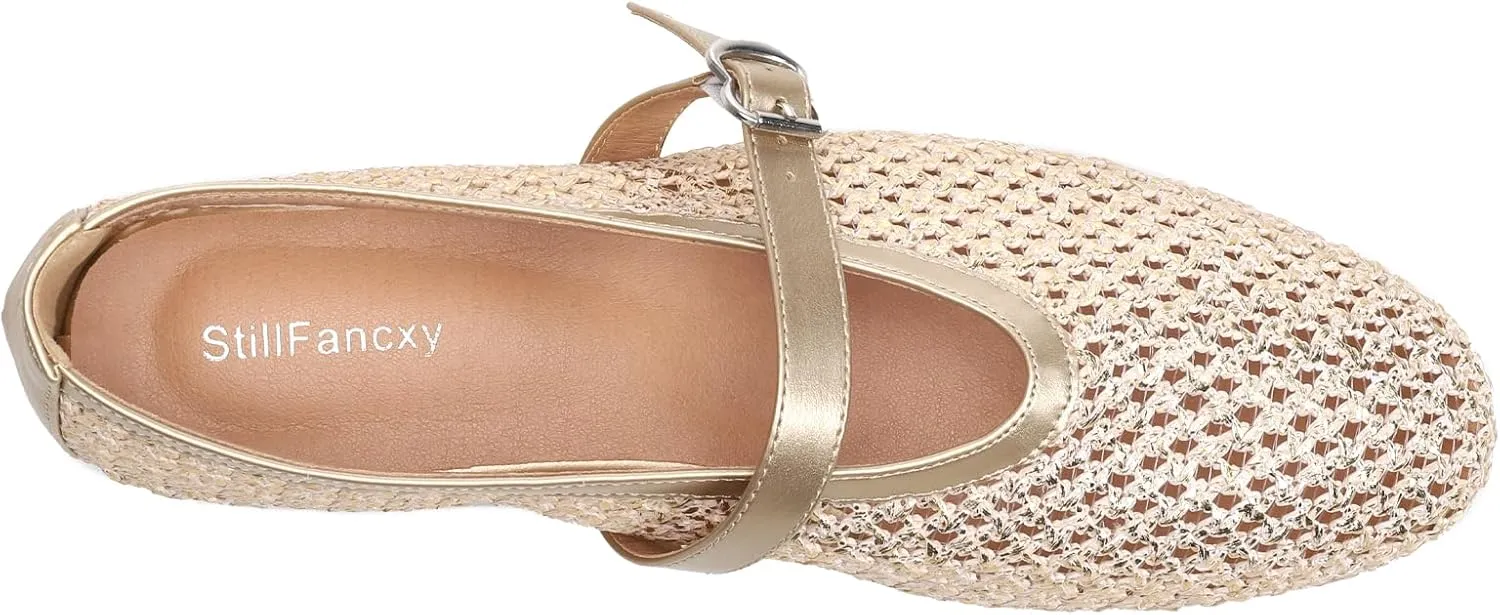 Women's Fishnet Mesh Ballet Flats with Buckle, Slip-On Dress Mary Jane Flats for Women, Elegant Lightweight Ballerina Shoes, Breathable Comfortable Wedding Party Shoe, Stylish Casual Footwear